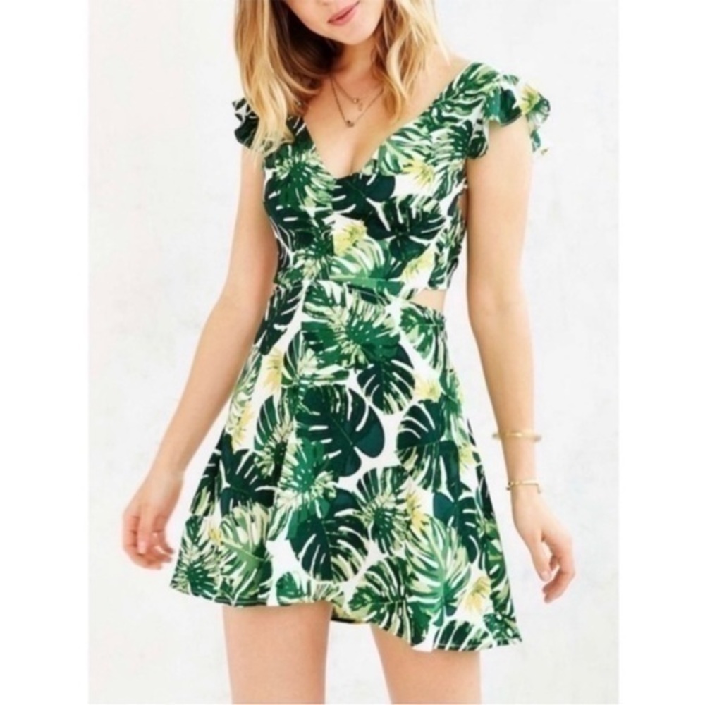 For Love & Lemons Green White V-Neck Monstera Palm Tropical Leaf Dress XS